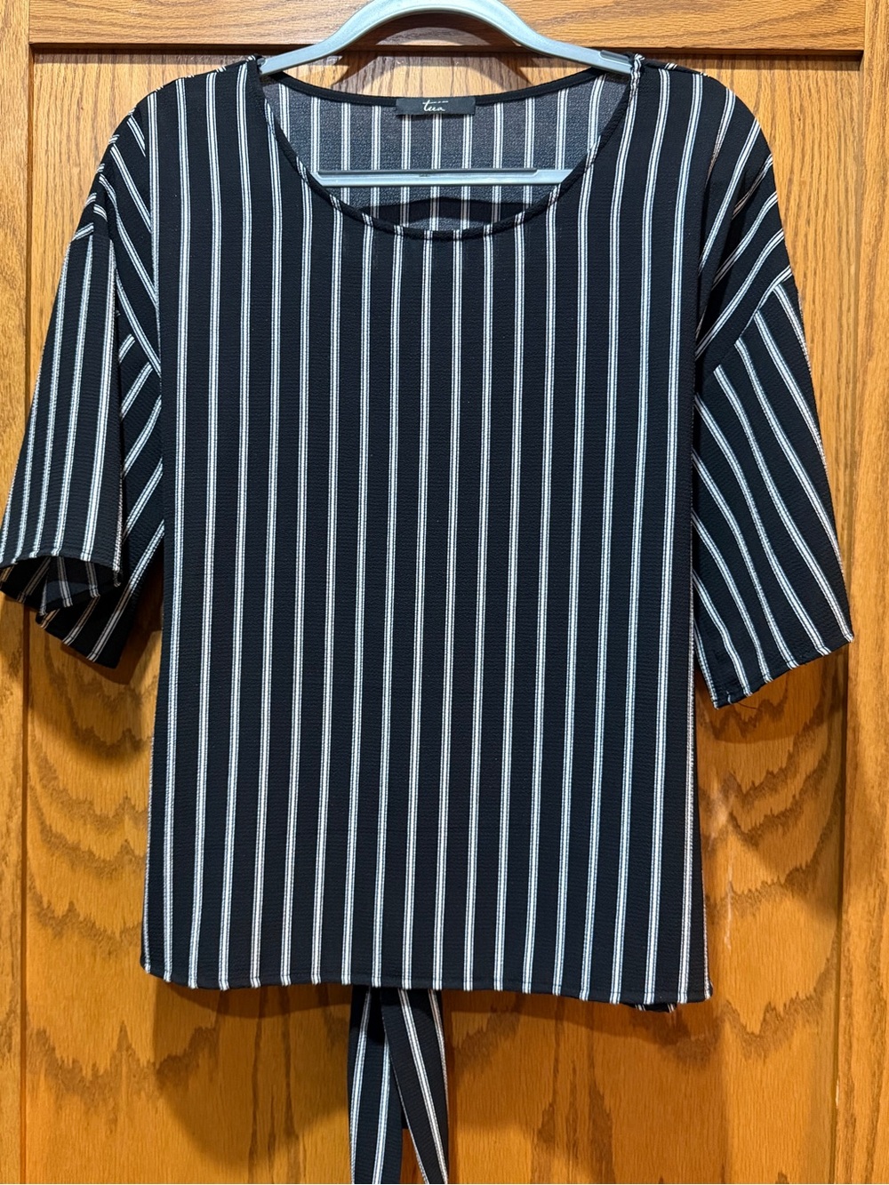 Tua Black Short-Sleeve Striped Tie-Back Top